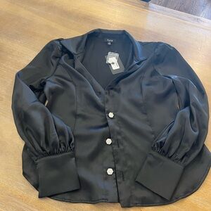 Fate Black Satin Blouse with Floral Pearl Button